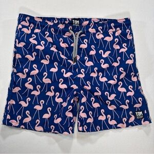Tom & Teddy Navy Blue Swim Trunks with Pink Flamingo Print